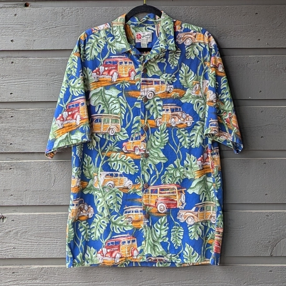 VTG 90s Hilo Hattie Monstera Woodies Short Sleeve Hawaiian Shirt Size Large